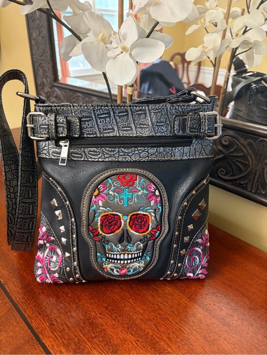 Day Of The Dead Handbags - The Day Of The Dead Black Embroidered Crossbody Bag with Stud Accents